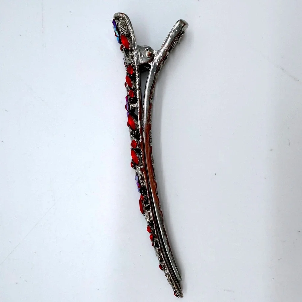 Vintage Red Crystal Rhinestone Hair Barrette Silver Floral AB‎ Glam Clip
